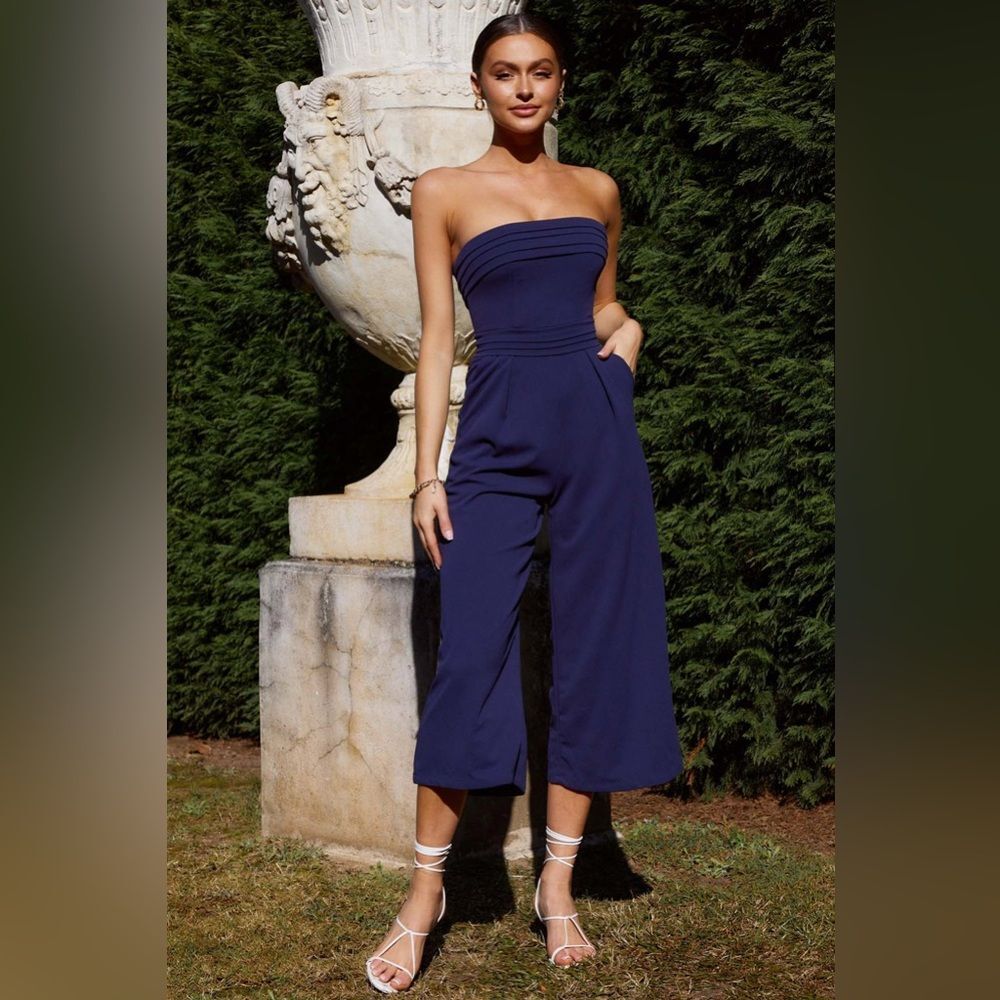 SAINTS & SECRETS Chosen Strapless Wide Leg Jumpsuit Navy Night out Party SMALL